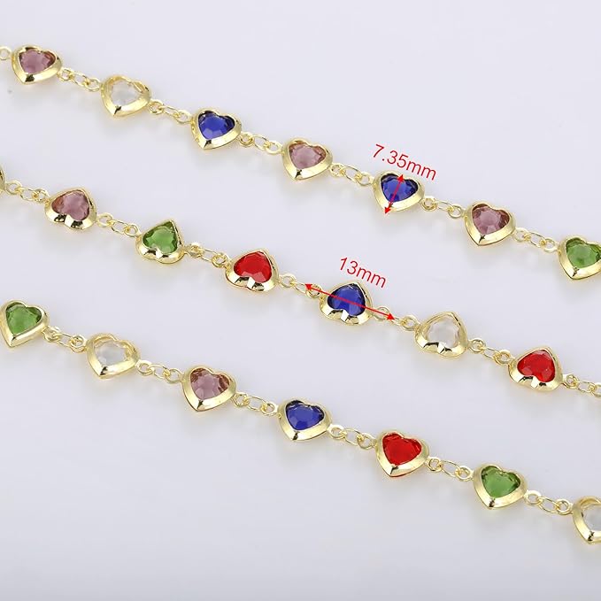 UMAOKANG 3 Meters Colorful Glass Bead Chain for Jewelry Making 18K Gold Plated Brass Chains Bulk Heart Chain for Women Necklace DIY Jewelry Making Chain