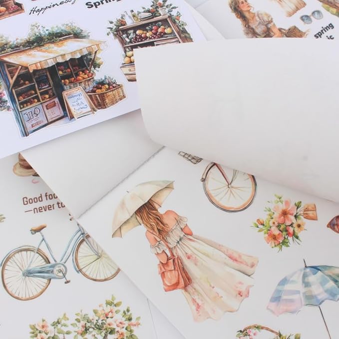 Pre-Cut Picnic Time Scenery Women Sticker Book for Journaling, 20 Sheets A5 PET Washi Paper Materials Stickers for Scrapbooking, Junk Journal Supplies, Planner, Collage