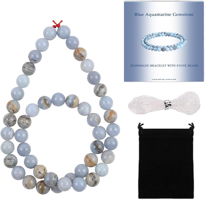 Stone Beads, 45pcs Blue Aquamarine Gemstone, 8mm Round Loose Beads for Jewelry Making, Bracelets, with Bag, String & Card