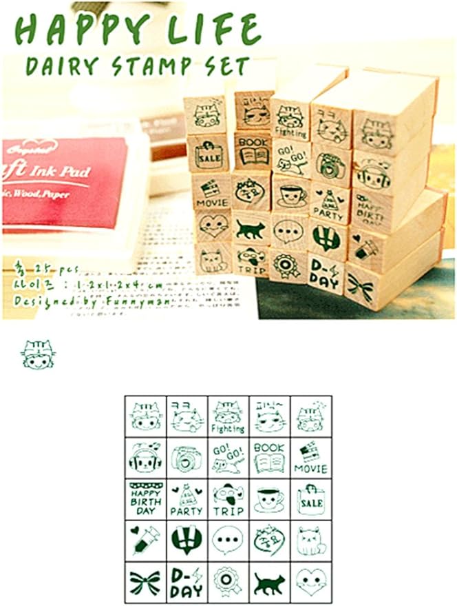Diary Stamp Set,Wooden Rubber Signet for Children DIY Scrapbooking Card Making(25pcs,Happy Life)