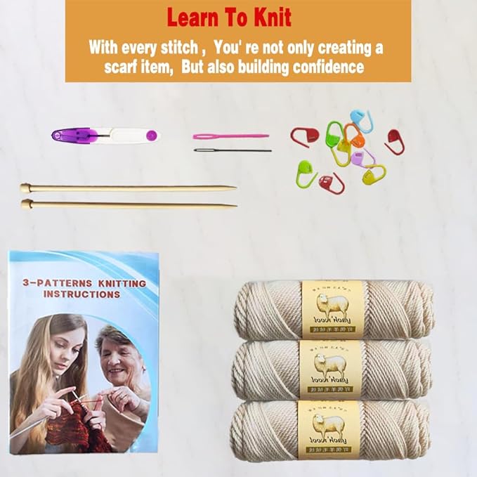 kaaper beginner knitting kit for adults, learn to knit crochet starter kit in khaki with scarves, hats & gloves knitting includes wool yarn, knitting needles, & stitch markers (khaki)