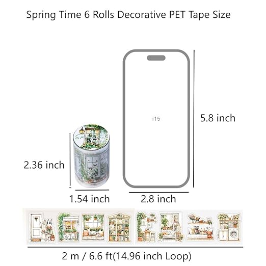 Transparent PET Window Garden Plant Flower Stickers Tape for Journaling, 6 Rolls Assorted Spring Themes Decorative Tape Set for Scrapbooking, Junk Journal Supplies, Bujo, DIY Arts Crafts