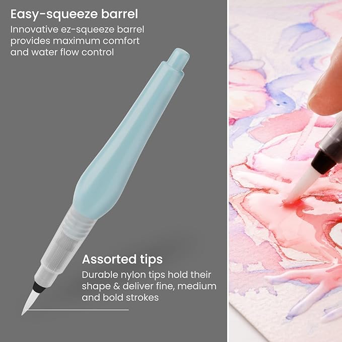 ARTEZA Water Brush Pen, Set of 4, Assorted Soft Nylon Bristle Tips, Self-Moistening Water Brush, Refillable Water Pen