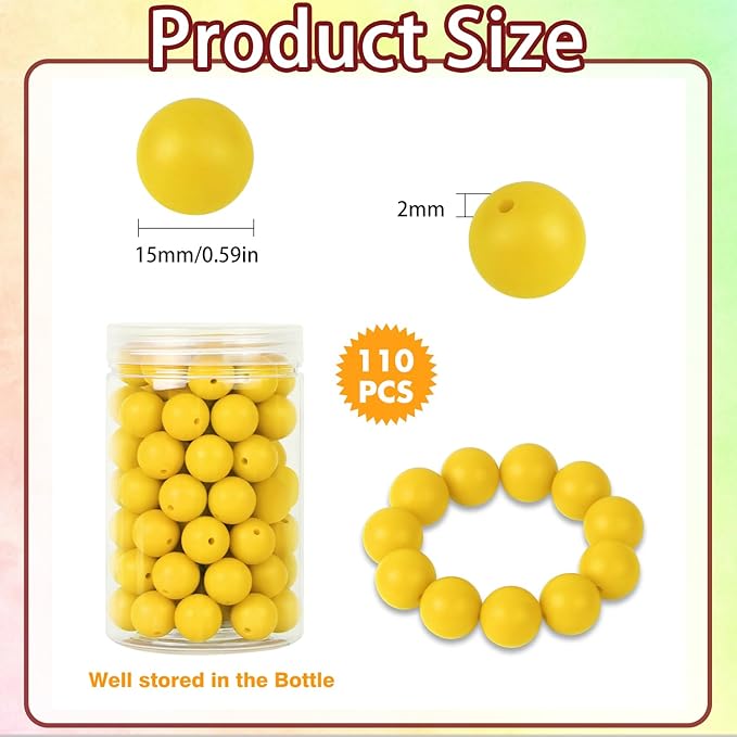 110 Pcs Silicone Focal Beads, EVERMARKET 15mm Silicone Beads for Keychain Making, Round Silicone Beads Bulk with Bottle, Rubber Loose Beads for Pens Crafts Necklace Bracelet Lanyard (Mustard Yellow)
