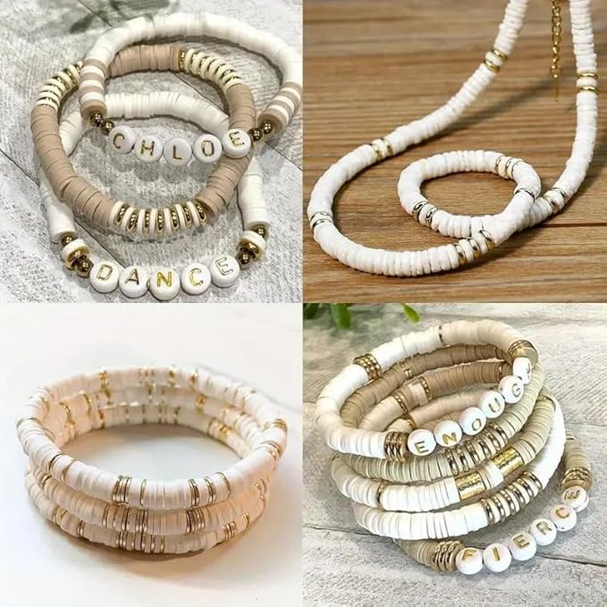 Believo 24-Grid DIY Clay Beads Bracelet Kit - 4 Soft Beige Colors Polymer Clay Beads + Golden Spacer Beads & Alphabet Beads + 5m Elastic Cord for Jewelry Making, Friendship Bracelets & Gift Crafts