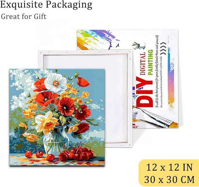 Natuyalo Framed Paint by Number Kits for Adults Beginners, Flowers in Vase Easy Acrylic Adult Paint by Number Kits, Cherry DIY Painting by Numbers Kits with Frame Ideal Gift 12x12 Inch