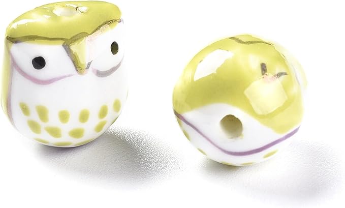 10Pcs Porcelain Ceramic Owl Beads, Famille Rose Yellow Green Porcelain Loose Spacer Beads for DIY Necklaces Bracelets Crafts Supplies