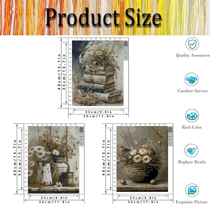 3 Pack Stamped Cross Stitch Kits for Adults - Cross Stitch Kits for Beginners,11 CT Rural Retro Flower Cross Stitch Patterns Dimensions DIY Counted Cross Stitch Kits for Adults Arts Craft 12x16 inch