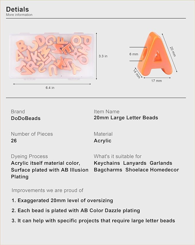 26 Pcs Cute Large Orange Letter Beads, 20mm Jumbo Square Acrylic Letter Beads for Bracelets, Necklaces, Bagcharms, Shoelaces, Keychains, Lanyards Charms for Craft