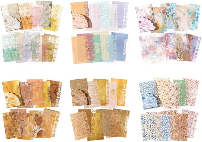 120 Sheets Lace Edged Vintage Scrapbook Paper, 6 Pack Decorative Scrap Book Paper for Junk Journaling Supplies, Scrapbooking, Collage, Stationery Letter Writing
