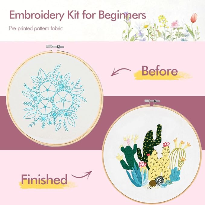 4 pack embroidery kit for beginners adults diy starter kit, cross stitch kits with flower stamped patterns, embroidery hoop, tools,colorful threads,step by step instructions,hand craft lover gift
