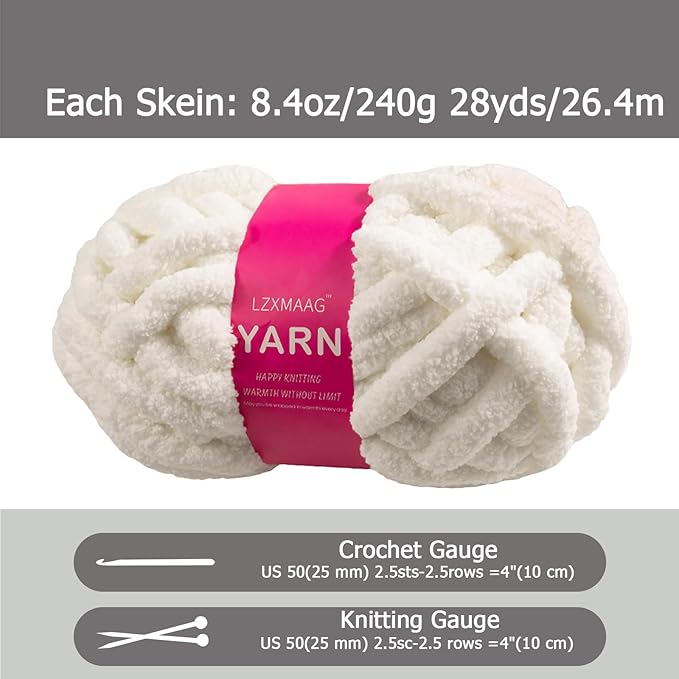 Chunky Yarn for Hand Knitting and Blankets – Super Soft Jumbo Chenille Yarn Pack for Crocheting, Bulky DIY Projects, 8 Skeins(Cream)