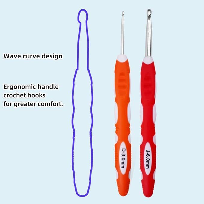 3mm 6mm Crochet Hook, Smooth Metal Head and Soft Rubber Grip Extra Long Ergonomic Crochet Hooks for Arthritic Hands, Beginners and Crochet Enthusiast,(3mm, 6mm)