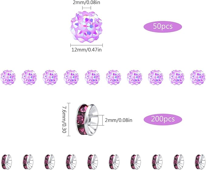 LAIDANLA 250pcs 12mm Purple Rhinestone Beads and 8mm Rondelle Spacer Beads for Beaded Pens, Sparkly Shamballa Disco Ball Bead for Bracelets Necklaces Earring DIY Craft
