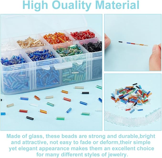 PH PandaHall About 3500 Pcs Transparent Glass Bugle Seed Beads 8 Colors Tube Space Bead Length 6mm for Jewelry Making