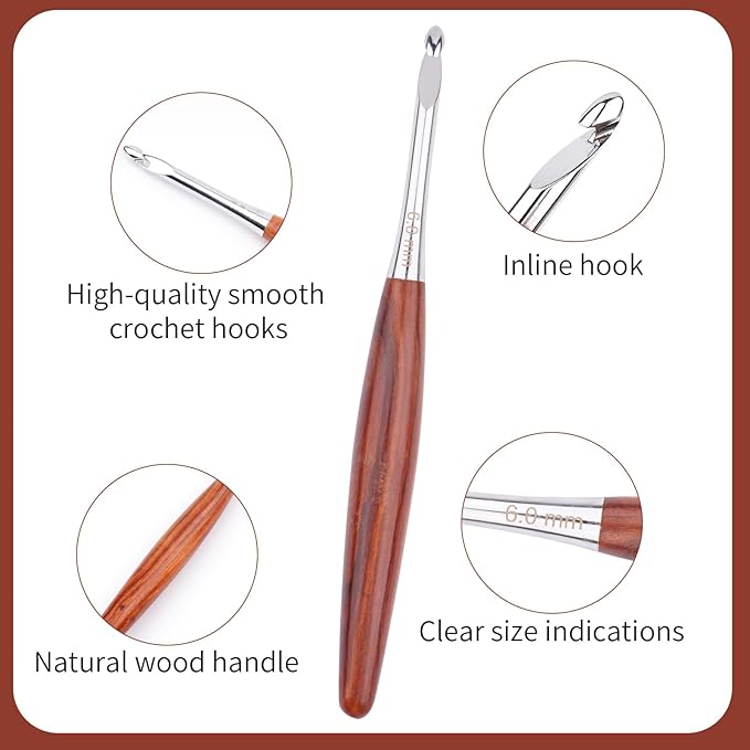 WAZAIGUR 9 Sizes Brown Wooden Smooth Grip Crochet Needles Beginner Kit Ergonomic Crochet Hooks Set with Case for Arthritic Hands (3.5mm-8mm)
