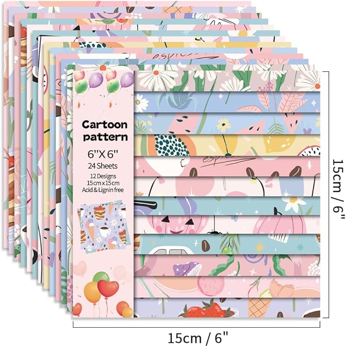 6x6" 160gsm Cardstock Single Sided Scrapbooking 24 Papers Pad Vintage Decoupage Scrapbook Kit Patterned Paper Junk Journal Supplies Journaling Supply Scrap Paper Crafting. Cartoon