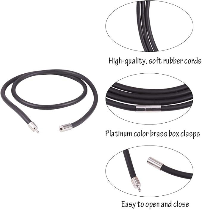 PH PandaHall 5 Strands 4mm Black Rubber Necklace for Jewelry Making, Round Necklace Cord with Platinum Color Brass Clasps for Men Women, 18.11 Inches Long