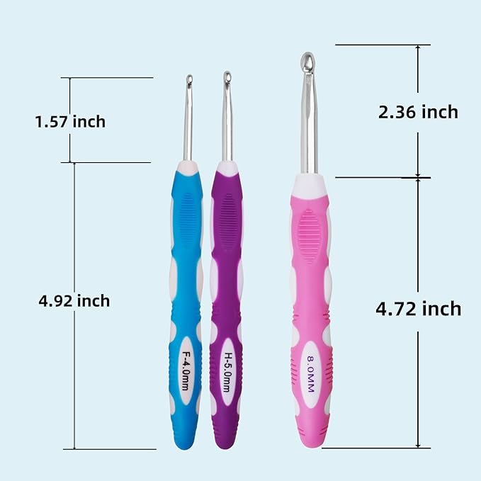 4mm 5mm 8mm Crochet Hook, Smooth Metal Head and Soft Rubber Grip Extra Long Ergonomic Crochet Hooks for Arthritic Hands, Beginners and Crochet Enthusiast