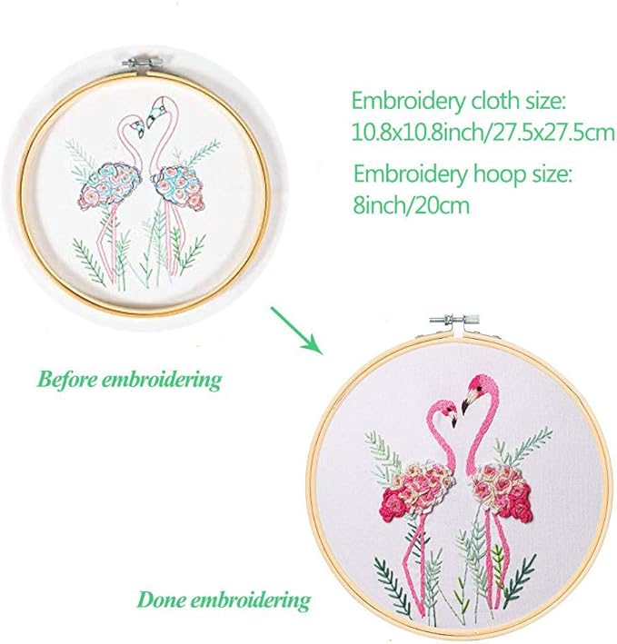 konrisa flamingo embroidery kit for beginners with pattern floral stamped full range of embroidery starter kit for adults cross stitch kit with embroidery cloth, hoops, color thread and tools,set of 2