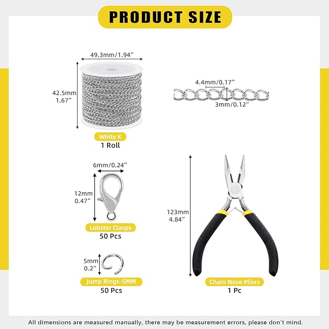 102Pcs Jewelry Making Chains Kit, 10 Yards Necklace Chains Jewelry Chains with 50Pcs Open Jump Rings, 50Pcs Lobster Clasps, Chain Nose Pliers for DIY Necklace Bracelet Jewelry Making (White K)