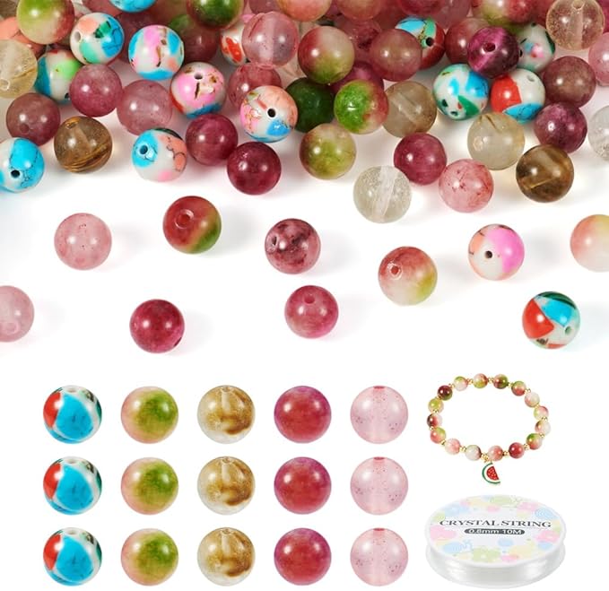 FASHEWELRY 100pcs 8mm Mixed Stone Beads Round Stone Jewelry Making Kit with Elastic String Healing Crystals for DIY Bracelet Necklace Earrings