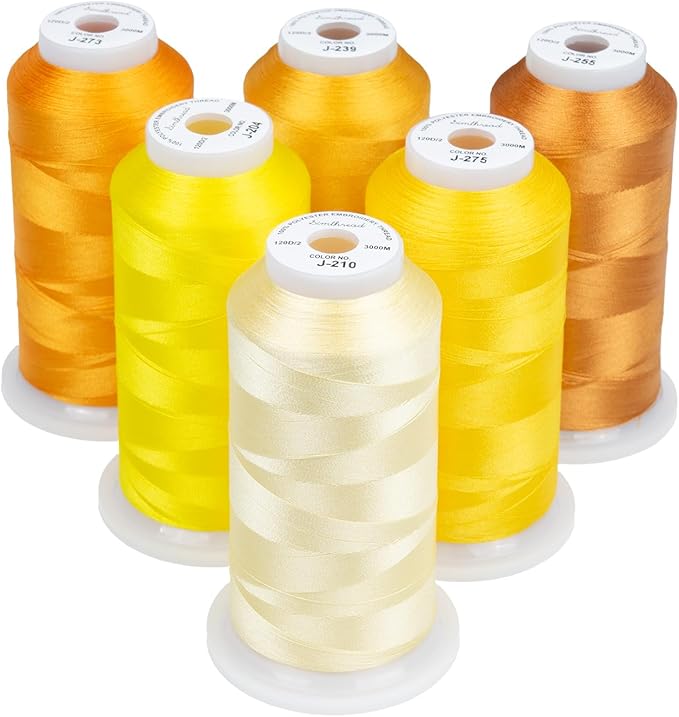 Simthread 6 Spools Embroidery Thread Set, 3000 Yards 40WT 100% Polyester Trilobal Machine Thread for Professional & Home Use, Compatible with Brother, Singer, Janome & More, Yellow Series
