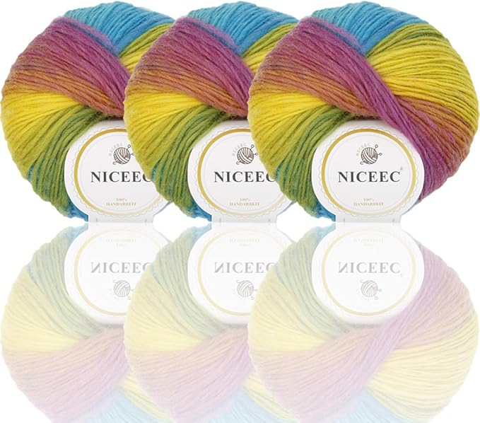 NICEEC 3 Skeins 100% Wool Rainbow Yarn Soft Gradient, Self-Striping, Colorful Single Ply Yarn for Crochet & Knitting - 24#