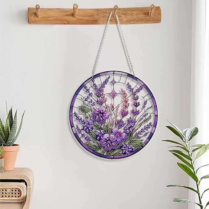 JBTM24 9.8x9.8 inch Hanging Diamond Art Pendant Kits, Double Sided Diamond Painting Hanging Sign with Chain, Special Shaped Crystal Art Ornament (Lavender)