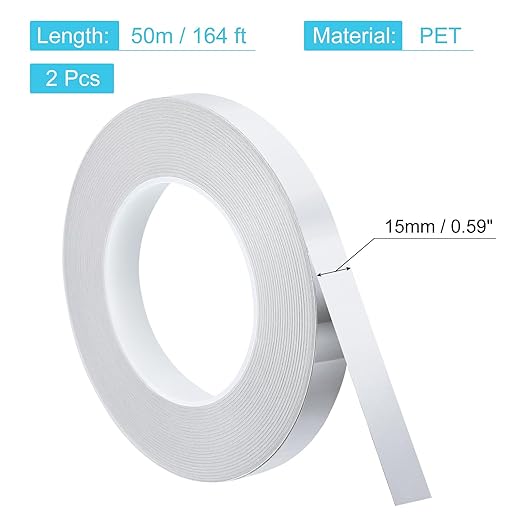uxcell Metallic Tape, 0.59 in x 164 ft Self Adhesive Metalized Polyester Film Tape Waterproof Shiny Washi Tape for Walls Graphic Arts Gifts Wrapping Crafts Decoration, Gloss Silver, 2 Pcs