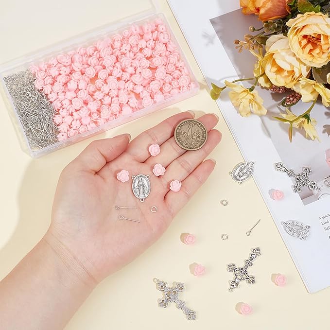 PH PandaHall Rosary Making Supplies, 446pcs Pink Rose Beads with Cross Charms Rosary Prayer Making Supplies First Communion Necklace Set for Christmas Baptism Easter Ramadan Necklace Jewelry Making