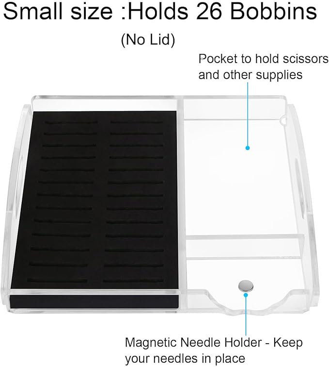 Acrylic Working Tray for Cross Stitch and Embroidery Supplies, Embroidery Floss Bobbins Organizer with Magnetic Needle Holder and Tools Storage-Tray Only (Small-For thin/standard bobbin)