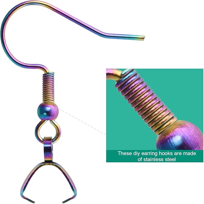 earring hooks 50pcs/25pairs, stainless steel rainbow ear wires fish hooks, hypo-allergenic jewelry findings parts for diy jewelry making