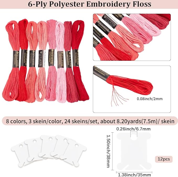 24 Skeins 6 Strandsd Red Embroidery Floss Gradient Friendship Bracelets Yarn String Variegate Cross Stitch Threads Bulk with Floss Bobbins for Hand Sewing Knitting Crafts Crochet Stitching