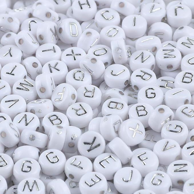 Song Xi 1200pcs Silver & White Round Acrylic Letter Beads - 4x7mm, Perfect for Jewelry Making, Crafts, Christmas DIY Gifts
