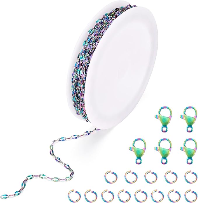 Sparkeads 5M Dapped Chain for Jewelry Making,Stainless Steel Chain,Rainbow Color Link Necklaces for Women,Lobster Claw Clasps,Cable Chain for Bracelet DIY Craft Supplies Jewelry Making Kits,4x2x0.5mm