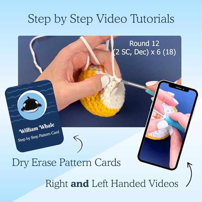 KelliDream Magic Circle Tool Inclusive Learn to Crochet Kit for Beginners; Step-by-Step Video Tutorials; All Supplies to Make Cute Amigurumi (Whale)