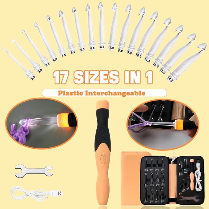 lewhoo 17 sizes light up crochet hooks 2.5mm~14.0mm,rechargeable light up crochet hooks with case