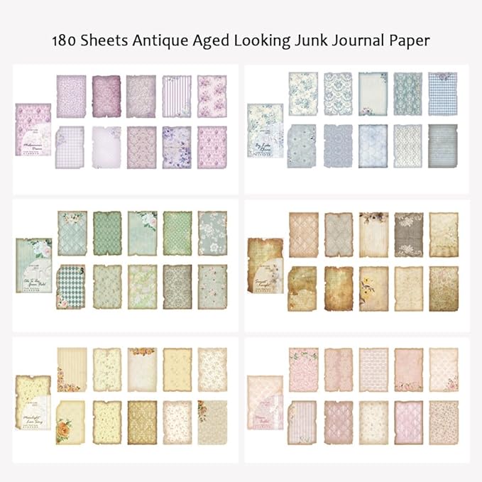 180 Sheets Vintage Scrapbook Paper, Journaling Scrapbooking Supplies, Antique Aged Looking Background Paper for Junk Journals Card Making Mixed Media Decoupage Craft Arts Deco