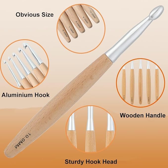 Yarniss Large Crochet Hooks Set 6.5mm,7.0mm,8.0mm,9.0mm,10.0mm,12mm,Big Crochet Hooks with Beech Wood Handle K L M N Q