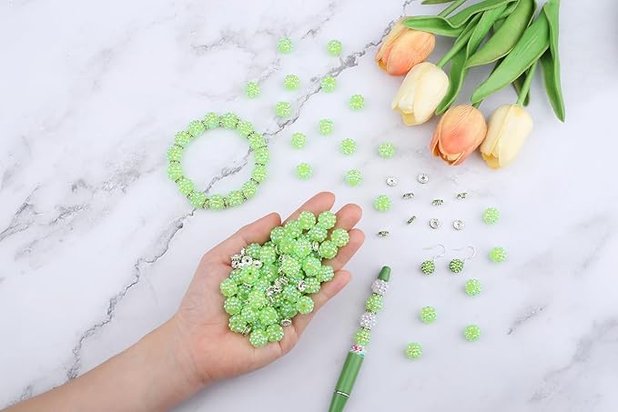 LAIDANLA 250pcs 12mm Green Rhinestone Beads and 8mm Rondelle Spacer Beads for Beadable Pens, Sparkly Shamballa Disco Ball Bead for Jewelry Making Bracelets Necklace Earring DIY Craft