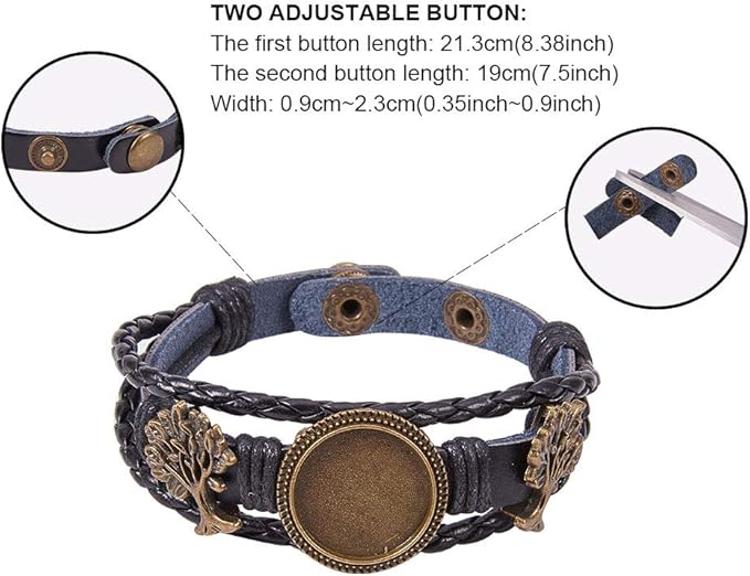 SUNNYCLUE DIY Braided Leather Bracelet Making Kit Multilayer Rope Bangle Cuff Wristband with Blank Alloy Cabochon Bezel Tray, Clear Glass Cabochon 18mm, Button Adjust, Tree