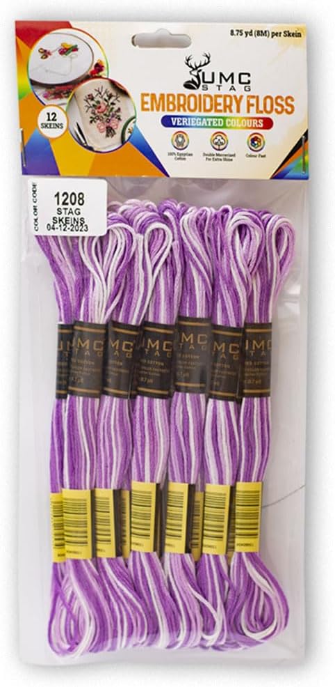 Pack of 12 Premium Embroidery Thread | 100% Egyptian Cotton Premium Skeins | Cross Stitch Embroidery Floss | Oeko TEX Certified | Ideal for Arts & Crafts (Light Purple Variegated 1208)