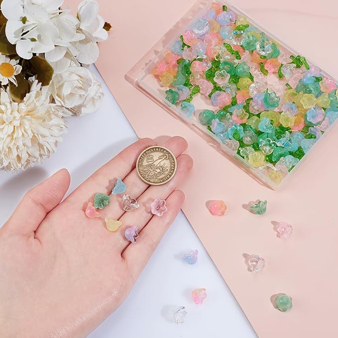 NBEADS 240 Pcs Glass Bell Flower Beads Kits, Lily Flower Glass Beads Leaf Shape Acrylic Beads for DIY Jewelry Making Beading Projects Bracelets Necklaces Earrings, Hole: 1.4mm