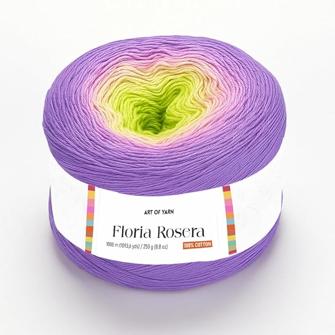 Floria Rosera Ombre 100% Cotton 250g (8.80oz) 1094 Yards Fine 1 Vibrant Multicolor Rainbow for Crochet Knitting Amigurumi Crafts Ideal for Spring Summer Projects Thick Soft