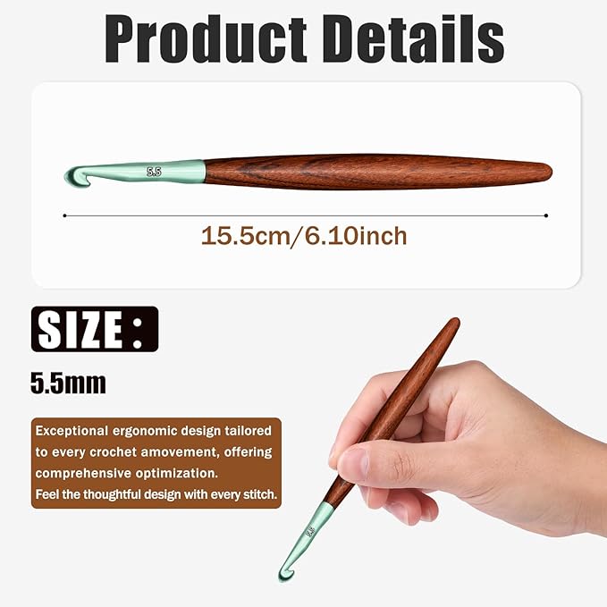 Giwrmu Crochet Hooks, 5.5mm Ergonomic Crochet Hooks, Colored Aluminum Crochet Hook with Wooden Handle for Arthritic Hands Knitted Dolls, Gloves, Sweaters, Blankets - Available in 3mm-7mm
