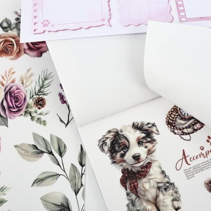 Pet Friends Journal Sticker Book for Adults Journaling, Scrapbook PET Washi Stickers for Scrapbooking, Junk Journal Supplies, Collage, Bujo, A5, 20 Sheets