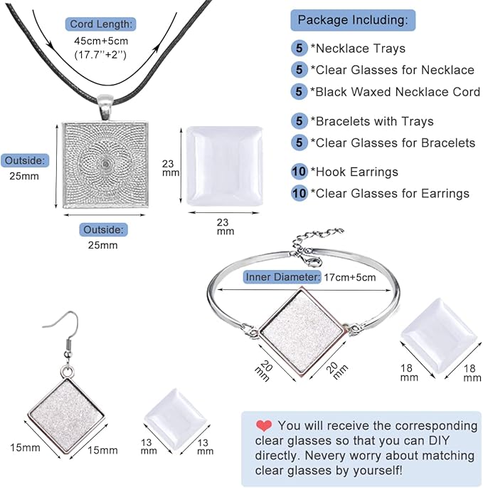 Pendant Trays Kit with Cabochon Glass, Square Pendant Bezel Trays Bracelet Blank Bangles Earrings Hooks Blanks for DIY Photo Cameo Jewelry Making Crafts