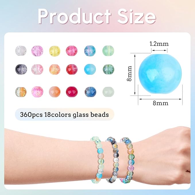 DUQGUHO 8mm Glass Beads for Jewelry Making Colorful Beads for Crafts Crystal 18 Colors Round Beads Bulk Bead Bracelet Kit 360PCS