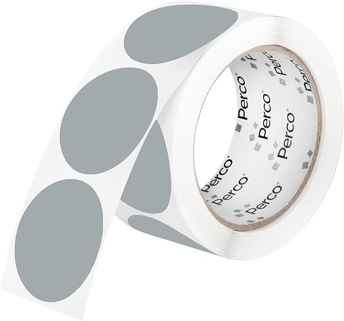 perco grey 2-inch perforated circle dot sticker labels — 250 round stickers per roll — with permanent adhesive for organizing, color coding, bin labeling, packaging alerts — made in usa